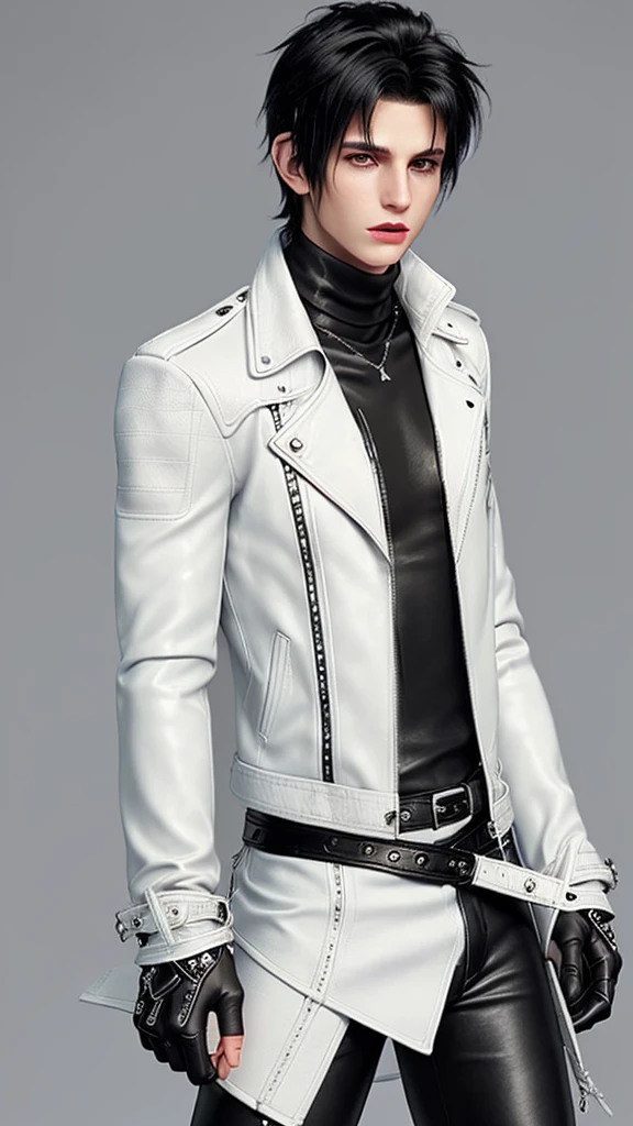 Final fantasy taste and reality graphics, Japanese young cute and cool ikemen boy, his age is early 20s, thin eyebrows and beady eyes, ((he wearing off white color leather thick material jacket)), ((jacket is singlebrest)), ((biker style jacket)), ((with epaulet)), ((jacket is long sleeve)), ((must close the front of the leather jacket)), , ((voluminous leather jacket)), ,((must jacket is high length and stand-up collar)) ((jacket collar with two belts)), ((jacket is a little black color line pattern)),((close the front of the jacket)), ((also wearing black thick material turtleneck lackluster shirts)), ((tight black leather pants)), ((black leather tight and thin glove)), ((black leather knee-high raceup boots)),((must views head-to-toe)),((must views whole body)), ,((Do not show skin from the neck down)),leather jacket leather glove and leather pants have few wrinkles, Avoid showing your innerwear,zip up jacket fastner.must put on a leather glove.
Bous face is expression of ecstasy.
Boy is black hair.boy looks like fashion model.
((Tape wrap gagged)),