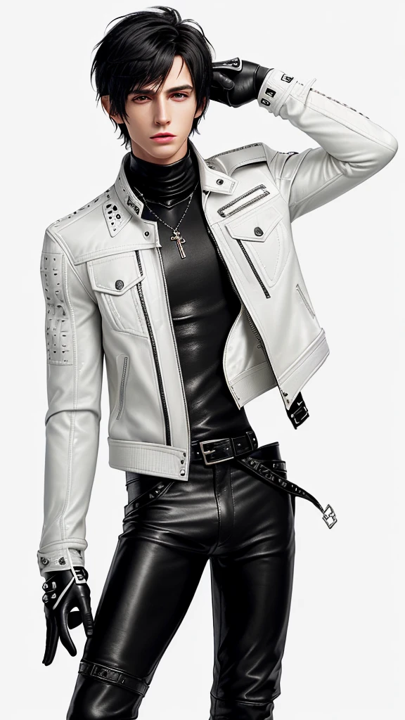 Final fantasy taste and reality graphics, Japanese young cute and cool ikemen  boy, his age is early 20s, thin eyebrows and beady eyes,  ((he wearing off white color leather  thick material jacket)), ((jacket is singlebrest)), ((biker style jacket)), ((with epaulet)), ((jacket is long sleeve)), ((must close the front of the leather jacket)), , ((voluminous leather jacket)), ,((must jacket is high length and stand-up collar)) ((jacket collar with two belts)), ((jacket is a little black color line pattern)),((close the front of the jacket)), ((also wearing black thick material turtleneck lackluster shirts)),  ((tight black leather pants)),  ((black leather tight and thin glove)), ((black leather knee-high raceup boots)),((must views  head-to-toe)),((must views whole body)), ,((Do not show skin from the neck down)),leather jacket leather glove and leather pants have few wrinkles, Avoid showing your innerwear,zip up jacket fastner.must put on a leather glove.
Bous face is expression of ecstasy.
Boy is black hair.boy looks like fashion model.
((Tape wrap gagged)),