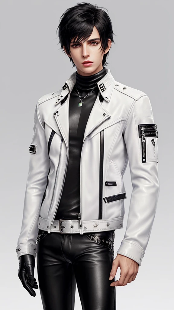 Final fantasy taste and reality graphics, Japanese young cute and cool ikemen  boy, his age is early 20s, thin eyebrows and beady eyes,  ((he wearing off white color leather  thick material jacket)), ((jacket is singlebrest)), ((biker style jacket)), ((with epaulet)), ((jacket is long sleeve)), ((must close the front of the leather jacket)), , ((voluminous leather jacket)), ,((must jacket is high length and stand-up collar)) ((jacket collar with two belts)), ((jacket is a little black color line pattern)),((close the front of the jacket)), ((also wearing black thick material turtleneck lackluster shirts)),  ((tight black leather pants)),  ((black leather tight and thin glove)), ((black leather knee-high raceup boots)),((must views  head-to-toe)),((must views whole body)), ,((Do not show skin from the neck down)),leather jacket leather glove and leather pants have few wrinkles, Avoid showing your innerwear,zip up jacket fastner.must put on a leather glove.
Bous face is expression of ecstasy.
Boy is black hair.boy looks like fashion model.
((Tape wrap gagged)),