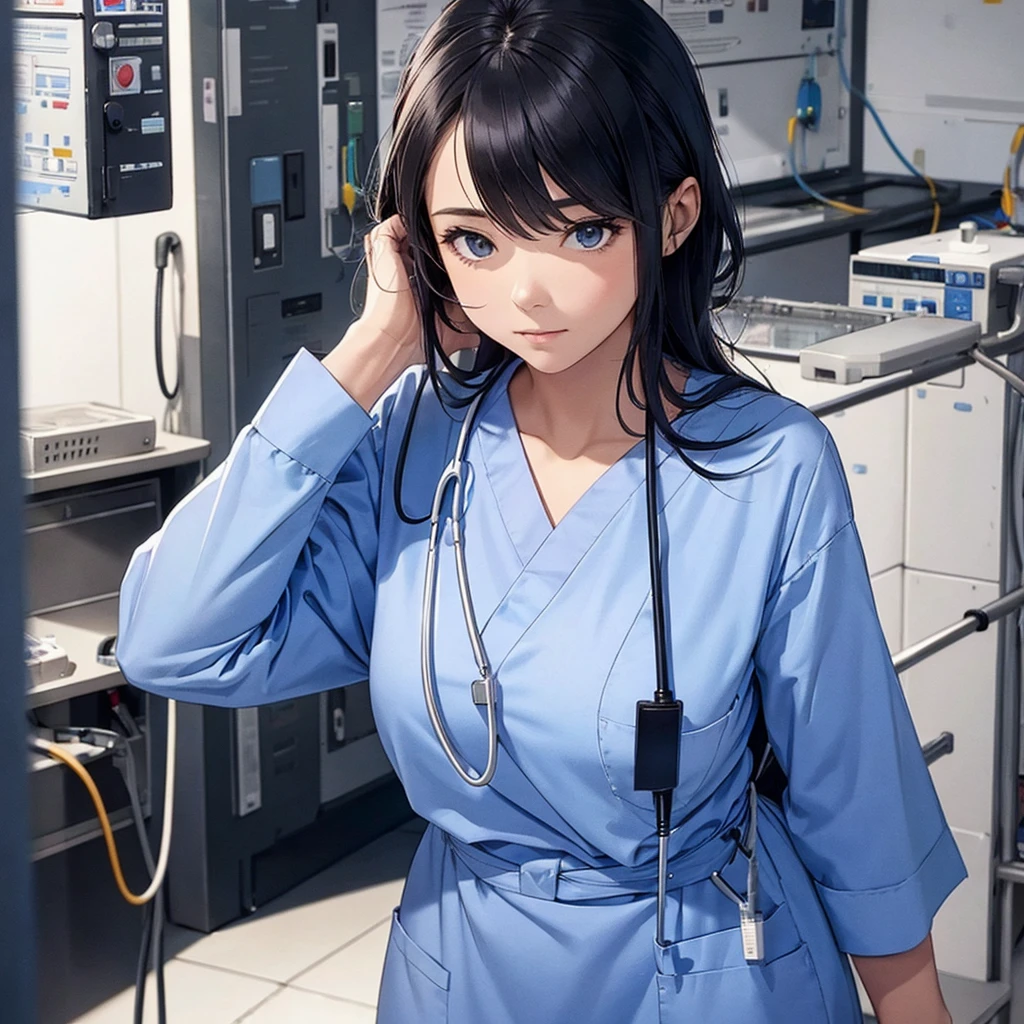 nursing aide,one girl,solo,blue scrubs,not wearing a hat or cap, I can't get my head out of the picture, Facing forward.