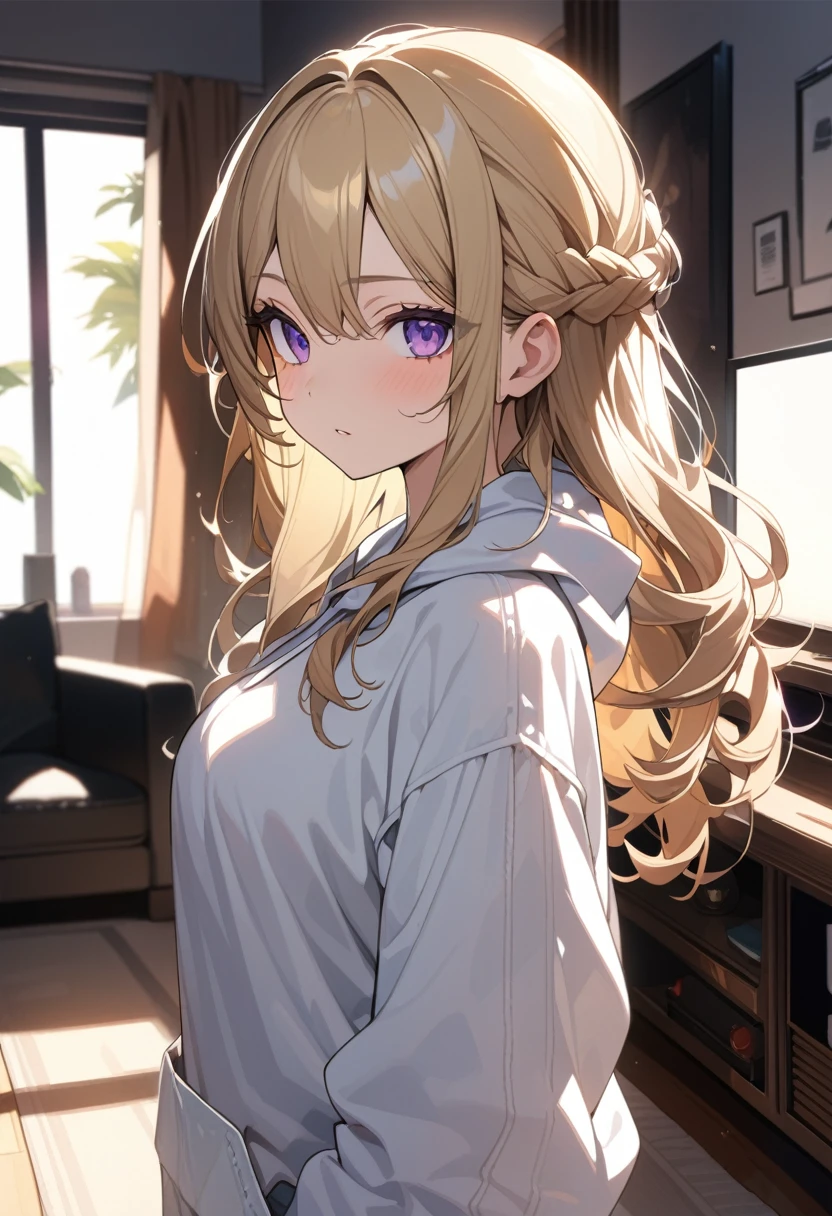 masterpiece, best quality, extremely detailed, ultra detailed, flat anime, 2D, 1girl, (young adult:1.2),blonde hair, (semi-long hair:1.2), curly hair, french braid, medium breasts, purple eyes, tsurime, height 1.7meters, white hooded sweatshirt, jeans,bracelet, long sleeves,socks, upper body, portrait, Back Light, very interesting, summer, livingroom, 12AM., standing