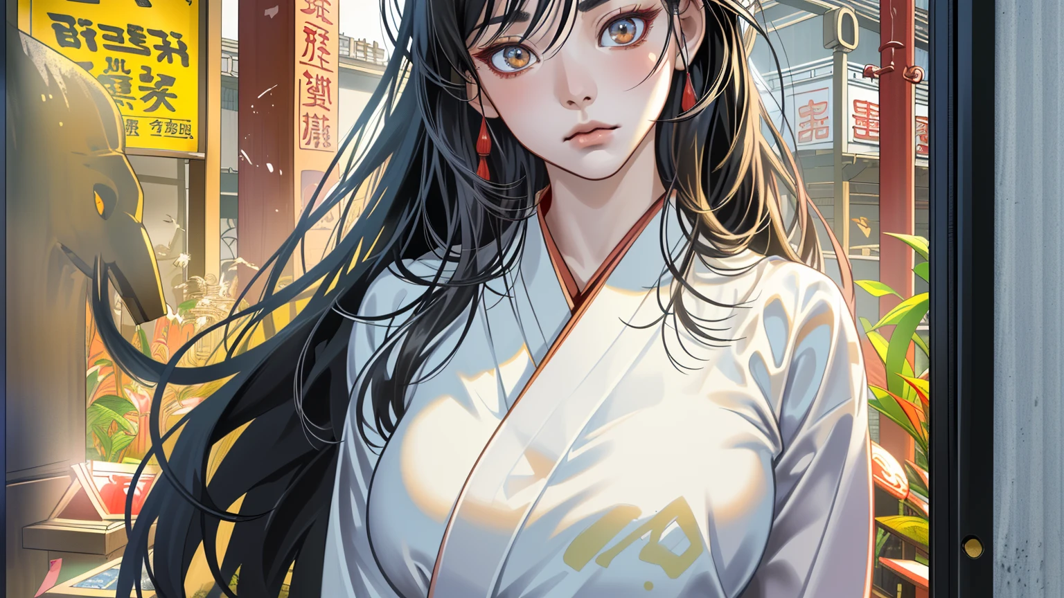 (perfect anatomy:1.2)(absurdres, highres, ultra detailed),masterpiece,best quality,high resolution,8k,Realistic face,Realistic skin texture,magnified textures, stunning clarity,detailed anime girl,(ultra detailed eyes and face),,black long hair,pale skin,Japanese shrine maiden, mysterious eyes,shrine maiden clothes,(white kimono),(The red long hakama),thin body type,big breasts,,(expressionless:1.2),Steampunk in the Edo Period、(Vivid hieroglyph signs and street advertisements:1.2)、silence、autumn、hieroglyph,souk、Ancient Egyptian statues、Shopping Street,,look at viewer,(from front:1.3),Delicate atmosphere、,cowboy shot,arms down、Looking at the viewer