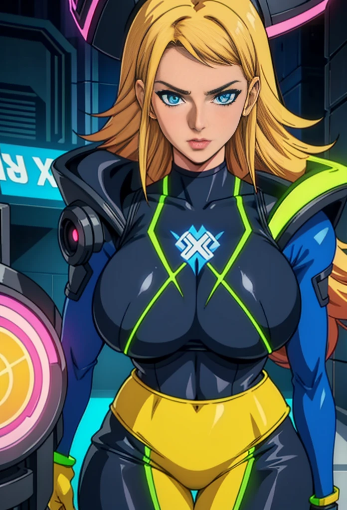 a digital painting of a woman with royal blue and yellow hair, wearing xmen rogue clothes, behance contest winner, afrofuturism, synthwave, neon, glowing neon, huge breast