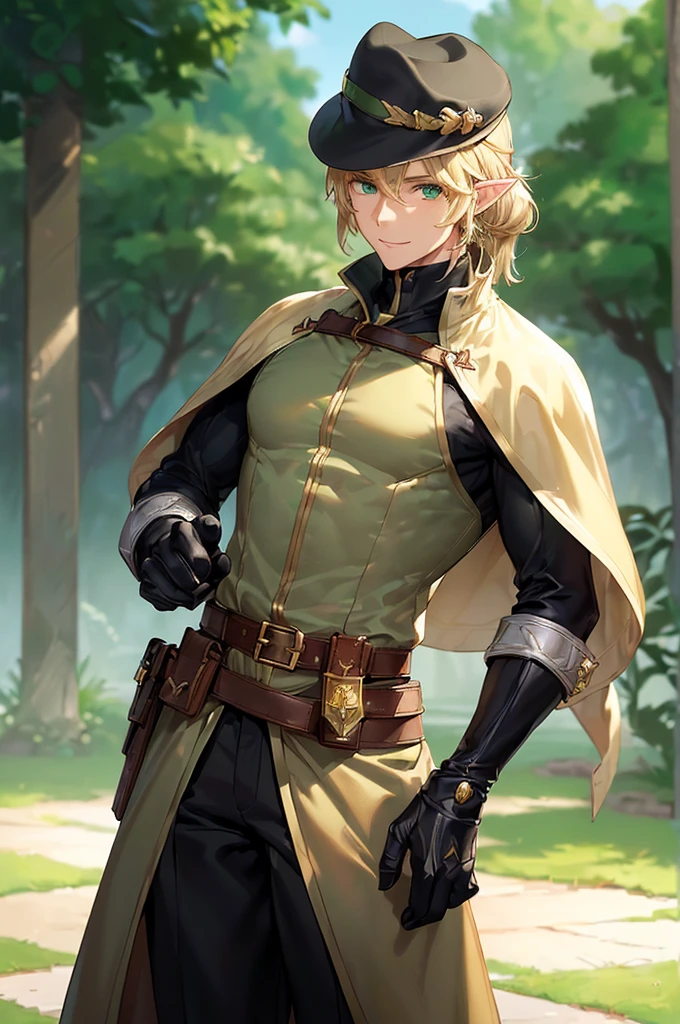 (((masterpiece; best quality: 1.2))), (finely detailed eyes: 1.3), (25 year old elf man), (solo), (green eyes: 1.4), (body; toned, fit, masculine: 1.3), (silky blonde hair in low ponytail: 1.3), (beautiful and clear background: 1.2), ((depth of field)), (equipment: adventurer garb + modest + elegant wide-brim hat + dark overcoat + dark long cape + black pants + gloves + belt + pouches: 1.3), (anime illustration: 1.2), (background composition; royal garden: 1.1), (extremely fine and handsome: 1.1), (shot composition; standing + centered on torso + close-up: 1.5), (expression; calm, smile: 1.2)