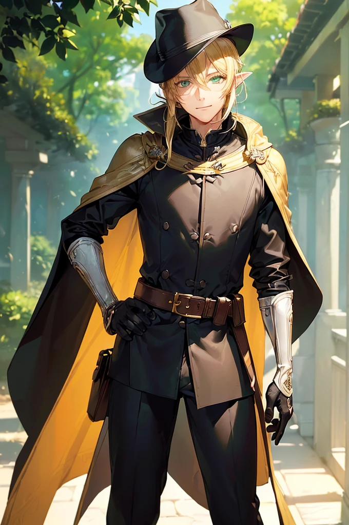 (((masterpiece; best quality: 1.2))), (finely detailed eyes: 1.3), (25 year old elf man), (solo), (green eyes: 1.4), (body; toned, fit, masculine: 1.3), (silky blonde hair in low ponytail: 1.3), (beautiful and clear background: 1.2), ((depth of field)), (equipment: adventurer garb + modest + elegant slim wide-brim hat + dark coat + tunic + dark long cape + black pants + gloves + belt + pouches: 1.3), (anime illustration: 1.2), (background composition; royal garden: 1.1), (extremely fine and handsome: 1.1), (shot composition; standing + centered on torso + close-up: 1.5), (expression; calm, smile: 1.2)