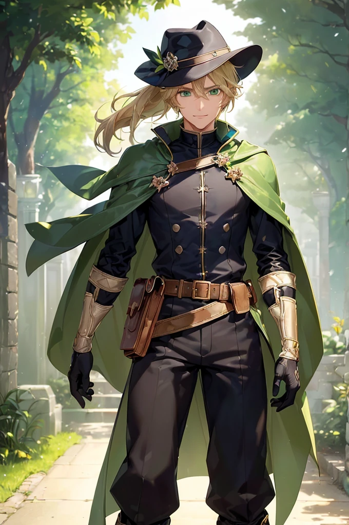 (((masterpiece; best quality: 1.2))), (finely detailed eyes: 1.3), (25 year old elf man), (solo), (green eyes: 1.4), (body; toned, fit, masculine: 1.3), (silky blonde hair in low ponytail: 1.3), (beautiful and clear background: 1.2), ((depth of field)), (equipment: adventurer garb + modest + elegant slim wide-brim hat + dark coat + tunic + dark long cape + black pants + gloves + belt + pouches: 1.3), (anime illustration: 1.2), (background composition; royal garden: 1.1), (extremely fine and handsome: 1.1), (shot composition; standing + centered on torso + close-up: 1.5), (expression; calm, smile: 1.2)