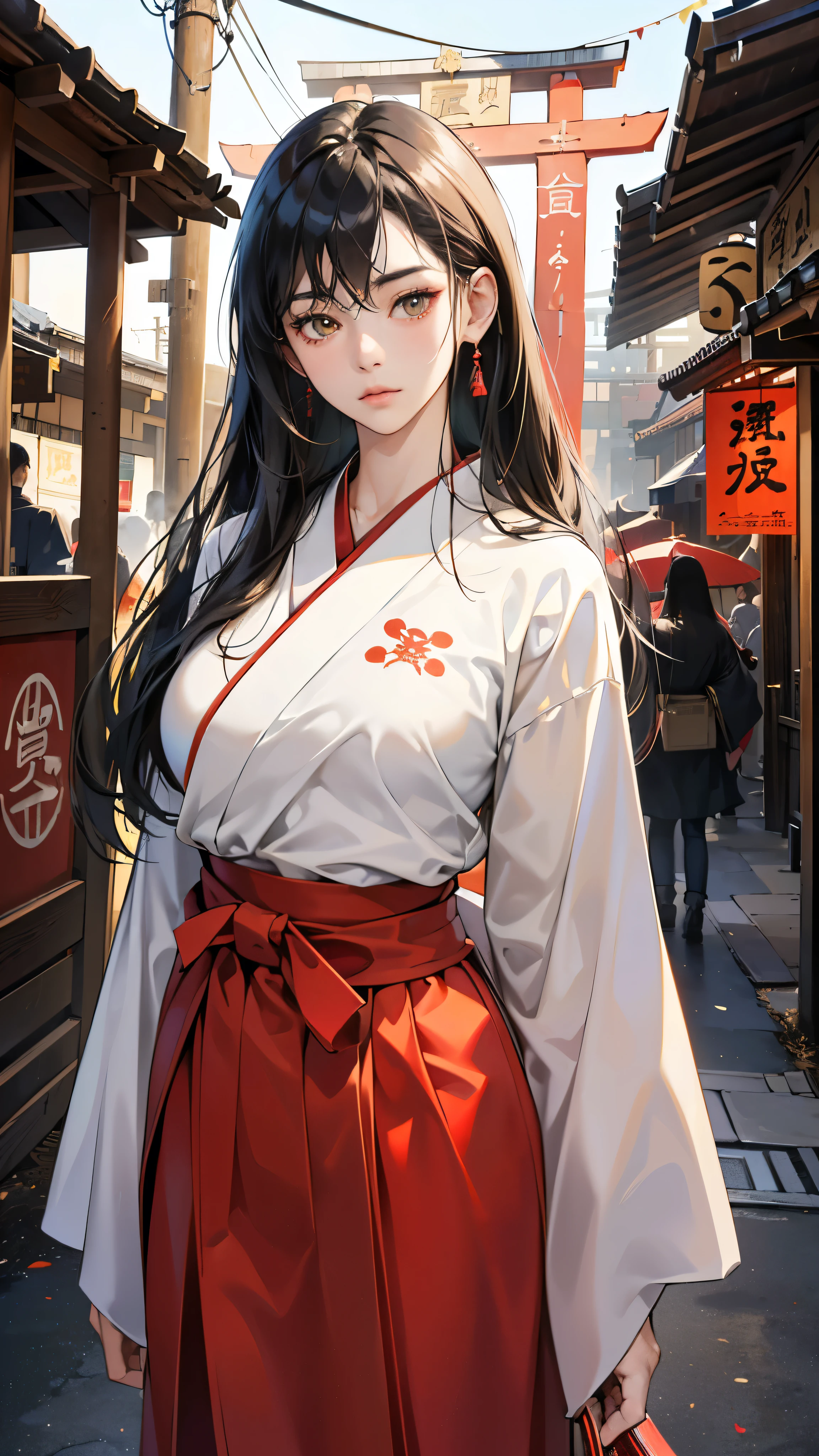 (perfect anatomy:1.2)(absurdres, highres, ultra detailed),masterpiece,best quality,high resolution,8k,Realistic face,Realistic skin texture,magnified textures, stunning clarity,detailed anime girl,(ultra detailed eyes and face),15 years old,black long hair,pale skin,Japanese shrine maiden, mysterious eyes,shrine maiden clothes,(white kimono),(The red long hakama),thin body type,big breasts,,(expressionless:1.2),Steampunk in the Edo Period、(Vivid hieroglyph signs and street advertisements:1.2)、silence、autumn、hieroglyph,souk、Ancient Egyptian statues、Shopping Street,,look at viewer,(from front:1.3),Delicate atmosphere、,cowboy shot,arms down、Looking at the viewer