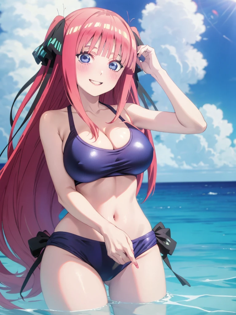 Highest quality, 非常に精巧なmasterpiece, Anime art style, Cute Characters, Nakano Nino, Swimwear, Large , blush, Smiling and Gaze, High resolution, accurate, masterpiece, Highest quality, Large Breasts