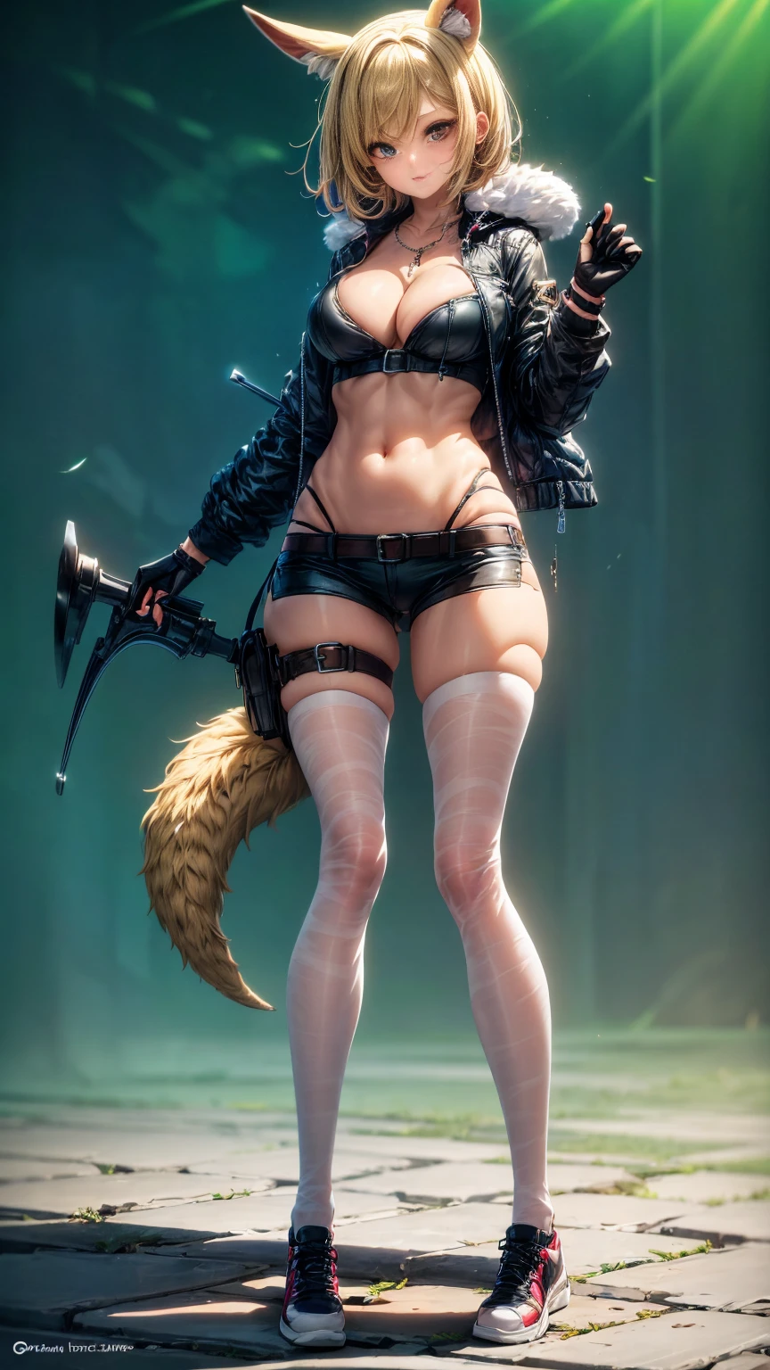 Oh, league of legend, sexy for, wallpapers, detailed eyes, fox ear, (fox tails), a skirt, (long pink fur), medium breasts, Looking at_It is shown in_Looking atl espectador, short_hair, gloves, belly button, fail, blue_there are eyes, Eternal, full_body, weapon, Footwear, necklaces, negro_gloves, pulp, hooded, hair_overcome_Yoon_there are eyes, Cultivator_above, hoodie, negro_pants, sneakers, Cut_jacket, cyber punk character, Cut_hoodie