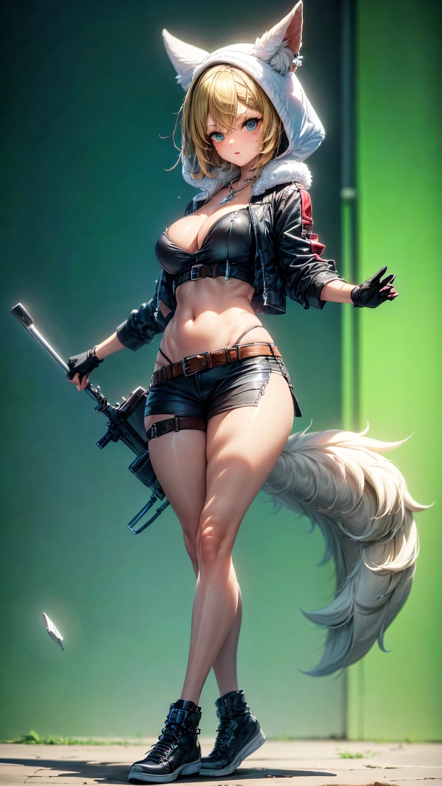 Oh, league of legend, sexy for, wallpapers, detailed eyes, fox ear, (fox tails), a skirt, (long pink fur), medium breasts, Looking at_It is shown in_Looking atl espectador, short_hair, gloves, belly button, fail, blue_there are eyes, Eternal, full_body, weapon, Footwear, necklaces, negro_gloves, pulp, hooded, hair_overcome_Yoon_there are eyes, Cultivator_above, hoodie, negro_pants, sneakers, Cut_jacket, cyber punk character, Cut_hoodie