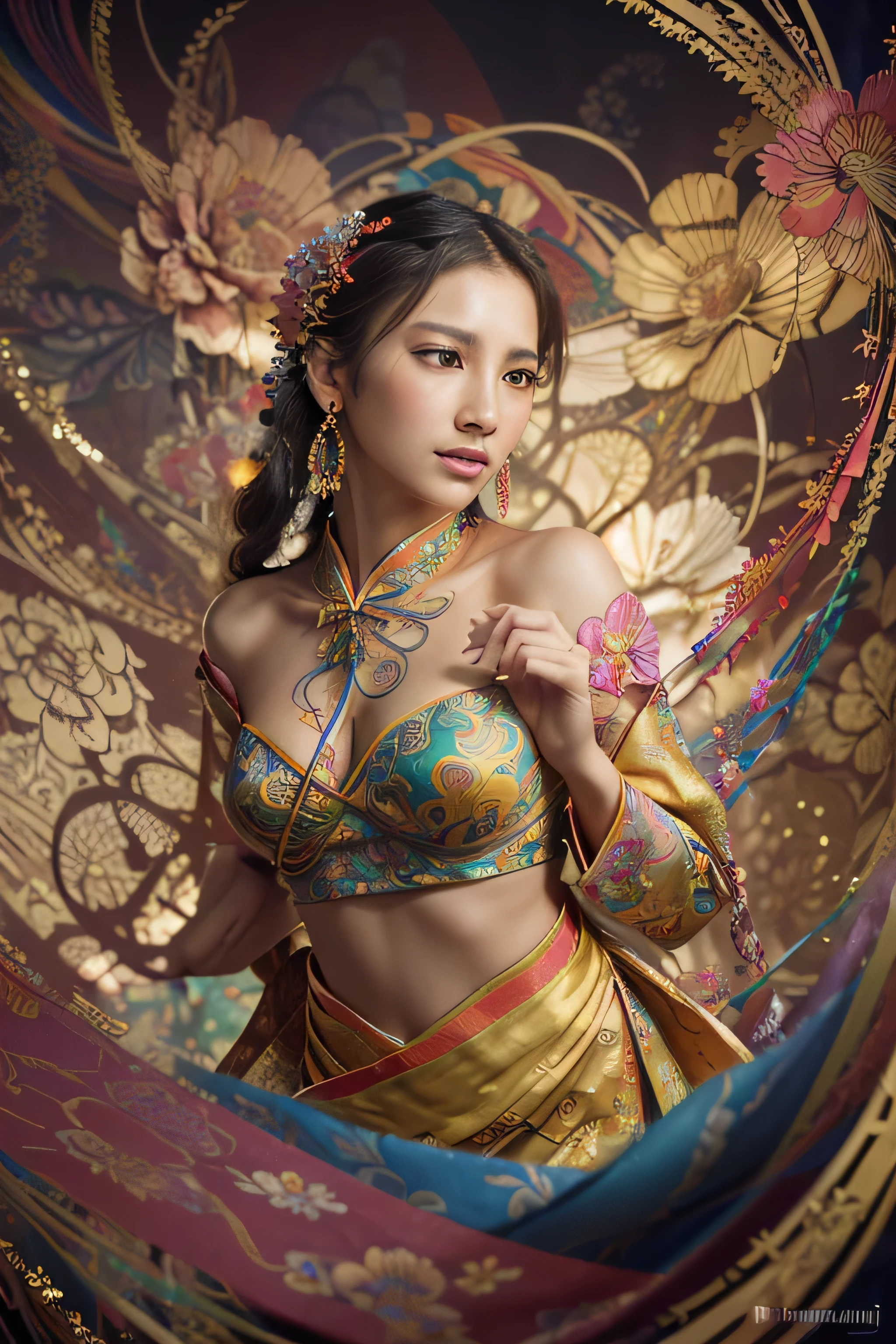 (Masterpiece, Highest quality, best quality, official art, beautiful and beautiful:1.2), (1 girl:1.3), very detailed,(fractal art:1.1),(colorful:1.1)(flower:1.3),Maximum details,(tangled:1.2), (dynamic gesture), (abstract background:1.3), (Chinese traditional cloth:1.2), (Shiny skin), (many colors:1.4), ,(earring:1.4),