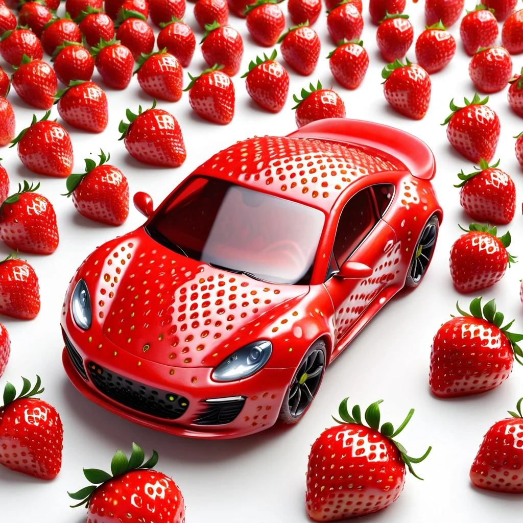 strawberry shaped like a  sport car , textured strawberry red skin, solo, very detailed, 4k, masterpiece, morph, subject, 8k, high quality, The surface of the strawberry is dotted with numerous small seeds and has a bright red color, which is typical for ripe strawberries, White Background,strwbrrxl, ral-strawberryjam
