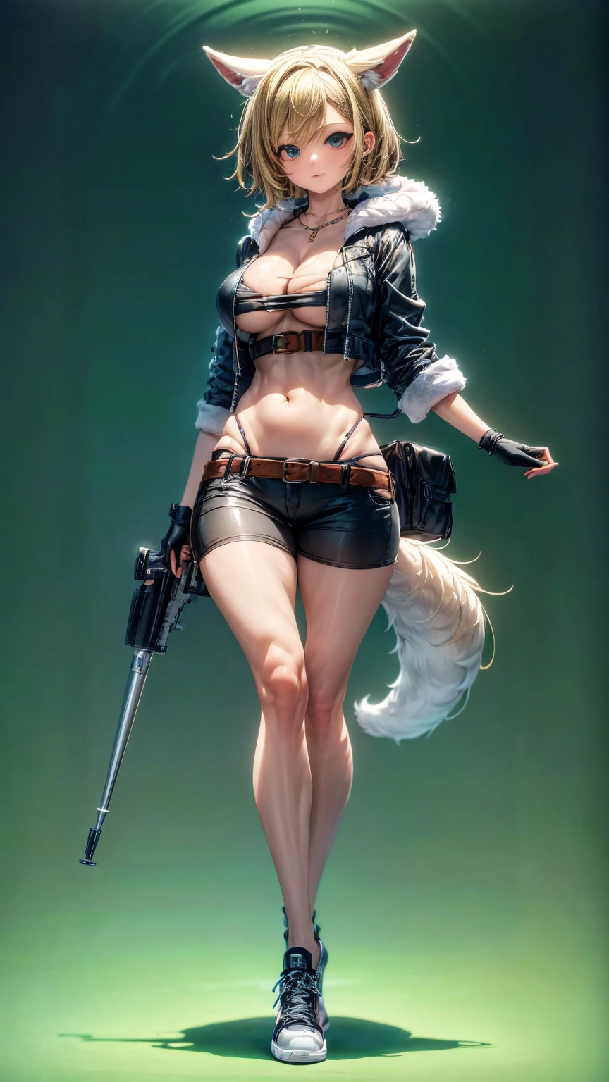 Oh, league of legend, sexy for, wallpapers, detailed eyes, fox ear, (fox tails), a skirt, (long pink fur), medium breasts, Looking at_Shown in_Looking atl espectador, short_hair, gloves, belly button, fail, blue_there are eyes, Eternal, full_body, weapon, Footwear, necklaces, negro_gloves, pulp, hooded, hair_overcome_Yoon_there are eyes, Cultivator_above, hoodie, negro_pants, sneakers, Cut_jacket, cyber punk character, Cut_hoodie