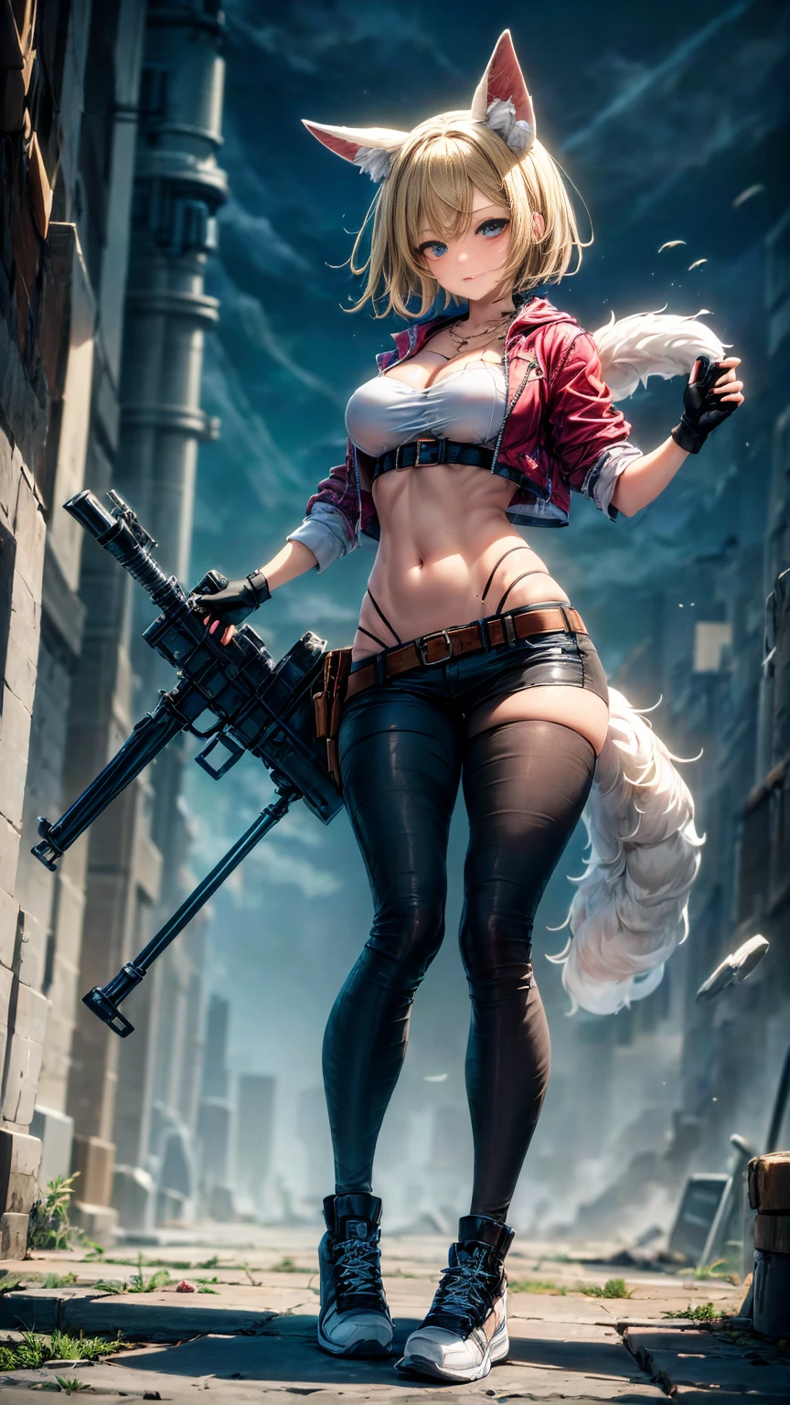 Oh, league of legend, sexy for, wallpapers, detailed eyes, fox ear, (fox tails), a skirt, (long pink fur), medium breasts, Looking at_Shown in_Looking atl espectador, short_hair, gloves, belly button, fail, blue_there are eyes, Eternal, full_body, weapon, Footwear, necklaces, negro_gloves, pulp, hooded, hair_overcome_Yoon_there are eyes, Cultivator_above, hoodie, negro_pants, sneakers, Cut_jacket, cyber punk character, Cut_hoodie