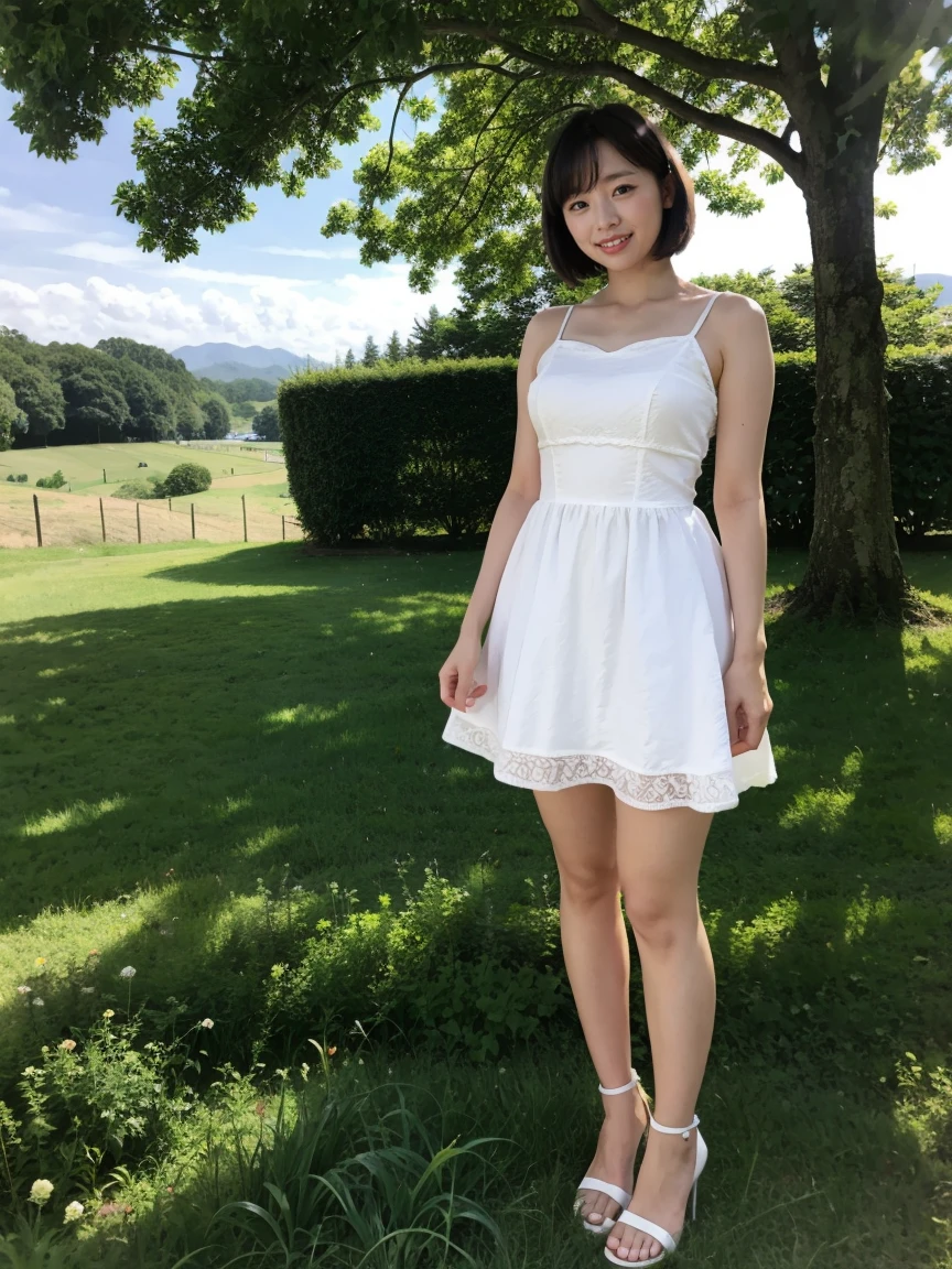 (RAW Photos:1.2), (Realistic:1.4),Beautiful detailed woman,非常にBeautiful Eyesと顔, Beautiful Eyes, Very detailed,High resolution, Very detailed,Highest quality,Raise your consciousness,Unified,8k wallpaper,masterpiece,Highest quality,1 female,alone,rich,Ezvian Everywhere,Thick thighs,alone,（Strap Dresses,High heels),short hair,smile,Remaining,(Stand upright：1.4）,In the grassland