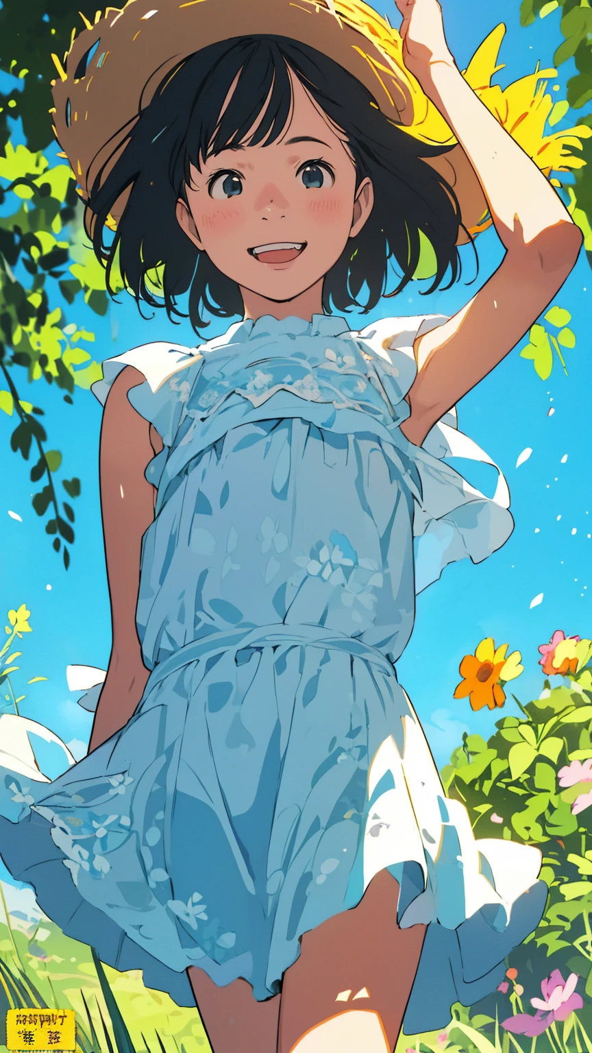 Affordable design, Clear lines, High Sharpness, (Highest quality,8k,Perfect sharpness,Ultra fine,High resolution,masterpiece:1.2), Perfect Anatomy:1.5, Official Art, Illustrations that tell a story, (Whitish background:0. 9）、Body Positivity、多Mr.な身体表現、（Random and energetic poses）、Perfect beauty、Perfect beautiful face、Strong winds、A rich expression、Dynamic composition、smile、Golden ratio composition、colorful、（(Mr.々Different angles and perspectives)）、Anime Art、(Mini dress)、（Overcoming stereotypes）、 Glowing Skin、（Natural beauty）、smile、Bangs、（Soft and flowing hair）、（countryside）、（Nostalgic atmosphere）、Show off your thighs、（Playful and carefree）、（多Mr.な民族のキャラクター）、（innocent attitude）、（Sunny atmosphere）、(The skirt flutters wildly in the wind)、（Bright colors）、Beautiful Eyes、(Embarrassing)、Braided Hair、Summer Scene、Smiling among flowers、Fashion magazine cover、Angle from behind、Angle from below、