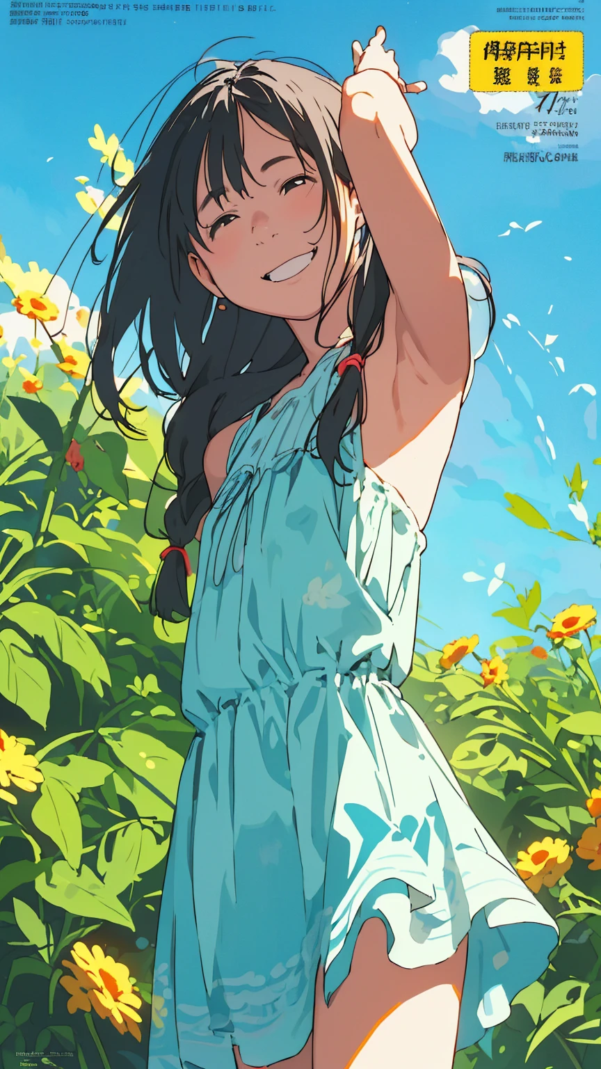 Affordable design, Clear lines, High Sharpness, (Highest quality,8k,Perfect sharpness,Ultra fine,High resolution,masterpiece:1.2), Perfect Anatomy:1.5, Official Art, Illustrations that tell a story, (Whitish background:0. 9)、Body Positivity、多Mr.な身体表現、(Random and energetic poses)、Perfect beauty、Perfect beautiful face、Strong winds、A rich expression、Dynamic composition、smile、Golden ratio composition、colorful、((Mr.々Different angles and perspectives))、Anime Art、(Mini dress)、(Overcoming stereotypes)、 Glowing Skin、(Natural beauty)、smile、Bangs、(Soft and flowing hair)、(countryside)、(Nostalgic atmosphere)、Show off your thighs、(Playful and carefree)、(多Mr.な民族のキャラクター)、(innocent attitude)、(Sunny atmosphere)、(The skirt flutters wildly in the wind)、(Bright colors)、Beautiful Eyes、(Embarrassing)、Braided Hair、Summer Scene、Smiling among flowers、Fashion magazine cover、Angle from behind、Angle from below、