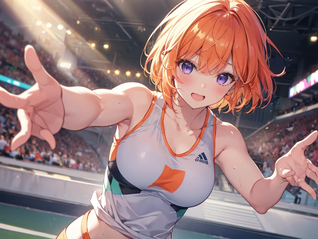 Woman running a marathon, Elf Ears, Training Gym, Highest quality, Best image quality,Perfect Anatomy,masterpiece,Ultra-detailed,beautiful,super high quality, Highest quality,High resolution, Very detailed,Game CG,Dutch Angle ,beautiful細部までこだわった目,Visual Arts,Five Fingers, Perfect hands,Hide your hands, {{{One Girl}}}, beautiful詳細な女の子, Game CG, One curl on the outside, Short Bob Hair, Pastel orange hair, Purple eyes, breast enhancement, Medium Shoot, woman, Take-out, Laughter, huge , Pastel green training wear, sportswear, {{{{{Wearing a pastel green tank top}}}}},Open your mouth, wonderful, beautiful細部までこだわった目, Highest quality, Very delicate,Masseter muscle area,Highest quality,(Official Art、Highest quality、Unity 8k wallpaper、32K、masterpiece、Ultra-detailed、超High resolution、Realistic、Photorealistic:1.2)、(Cinema Lighting:1.2)、Fire Glow Effect、The most grainy shadows on the film、Side light、Side Shot、(Ultra-detailedで複雑な3Dレンダリング)、Atelier Series,training, Sweat, Hot body, steam, athletic field