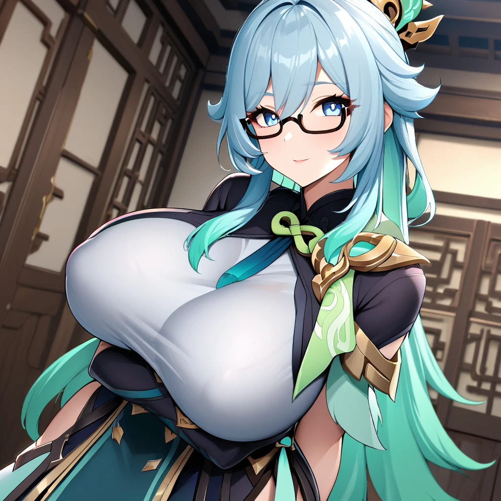 Xianyun(genshin impact),1girl,solo,navy blue hair color,mint inner,color,Akabuchi half-frame glasses,pale blue eyes color,super huge breasts,looking at viewer,near,standing up,in room