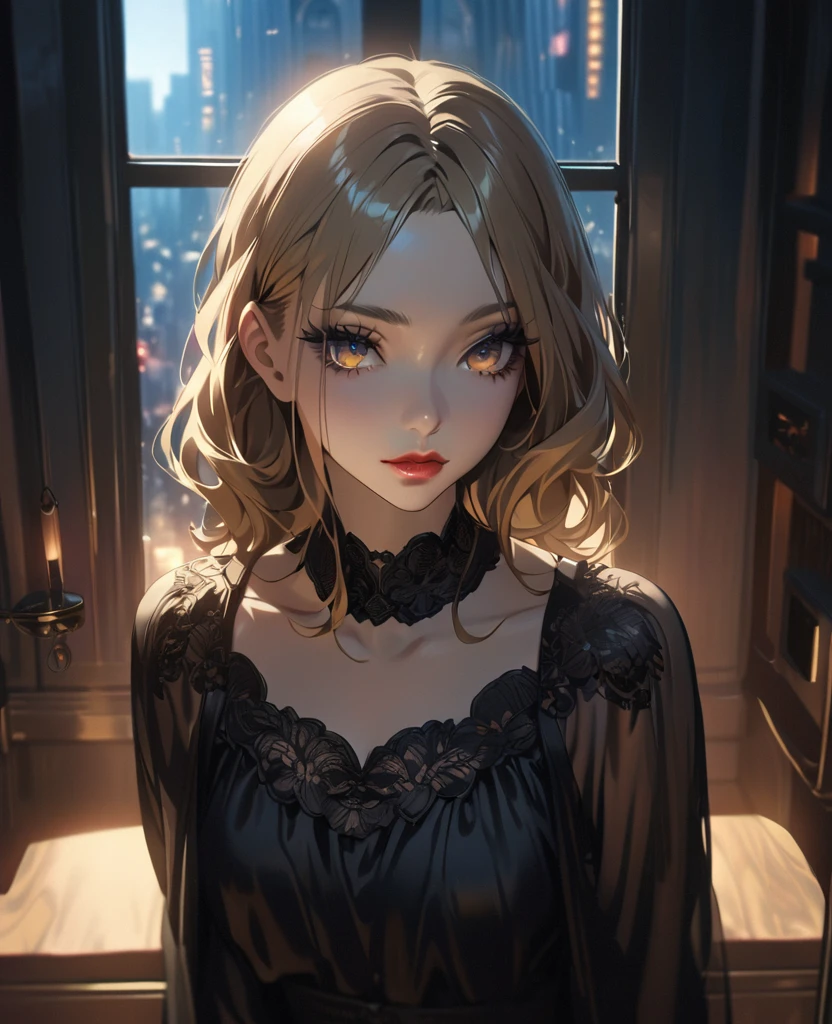 A woman in a black dress, beautiful detailed eyes, beautiful detailed lips, extremely detailed eyes and face, long eyelashes, Yor Forger from the anime Spy x Family, golden hair, in a city with city lights, standing in a room with a window, 4k, highres, photorealistic, masterpiece, dramatic lighting, cinematic, moody colors