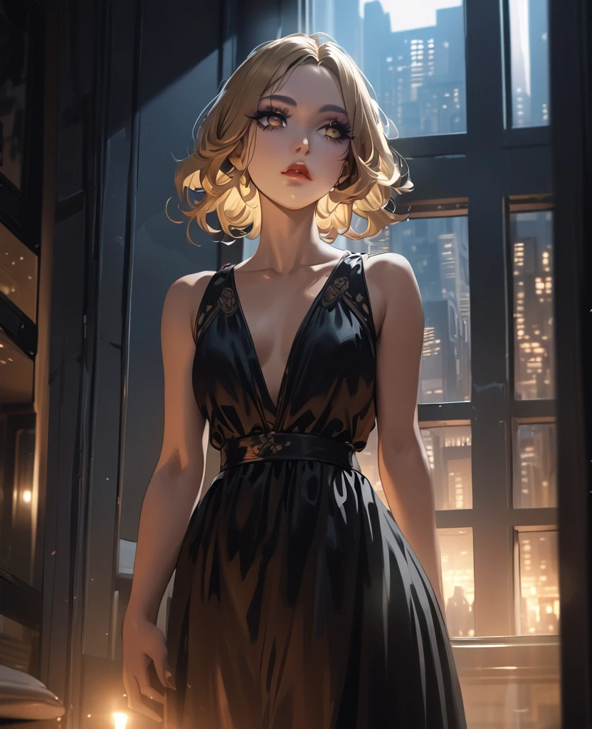 A woman in a black dress, beautiful detailed eyes, beautiful detailed lips, extremely detailed eyes and face, long eyelashes, Yor Forger from the anime Spy x Family, golden hair, in a city with city lights, standing in a room with a window, 4k, highres, photorealistic, masterpiece, dramatic lighting, cinematic, moody colors