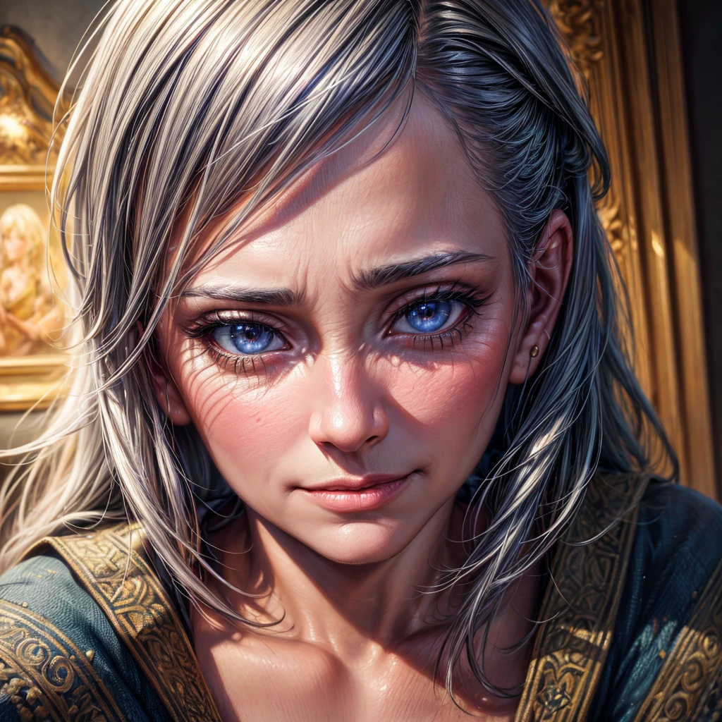 A tired old man, beautiful detailed eyes, beautiful detailed lips, extremely detailed eyes and face, longeyelashes, warm smile, welcoming expression, curious young girl, amazed expression, looking at paintings, intricate artworks, vibrant colors, dramatic lighting, chiaroscuro, dramatic contrast, (best quality,4k,8k,highres,masterpiece:1.2),ultra-detailed,(realistic,photorealistic,photo-realistic:1.37),oil painting,portrait,hyperrealism,cinematic lighting,vivid colors,dramatic shadows