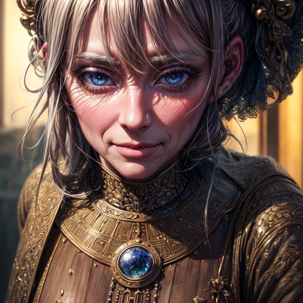 A tired old man, beautiful detailed eyes, beautiful detailed lips, extremely detailed eyes and face, longeyelashes, warm smile, welcoming expression, curious young girl, amazed expression, looking at paintings, intricate artworks, vibrant colors, dramatic lighting, chiaroscuro, dramatic contrast, (best quality,4k,8k,highres,masterpiece:1.2),ultra-detailed,(realistic,photorealistic,photo-realistic:1.37),oil painting,portrait,hyperrealism,cinematic lighting,vivid colors,dramatic shadows