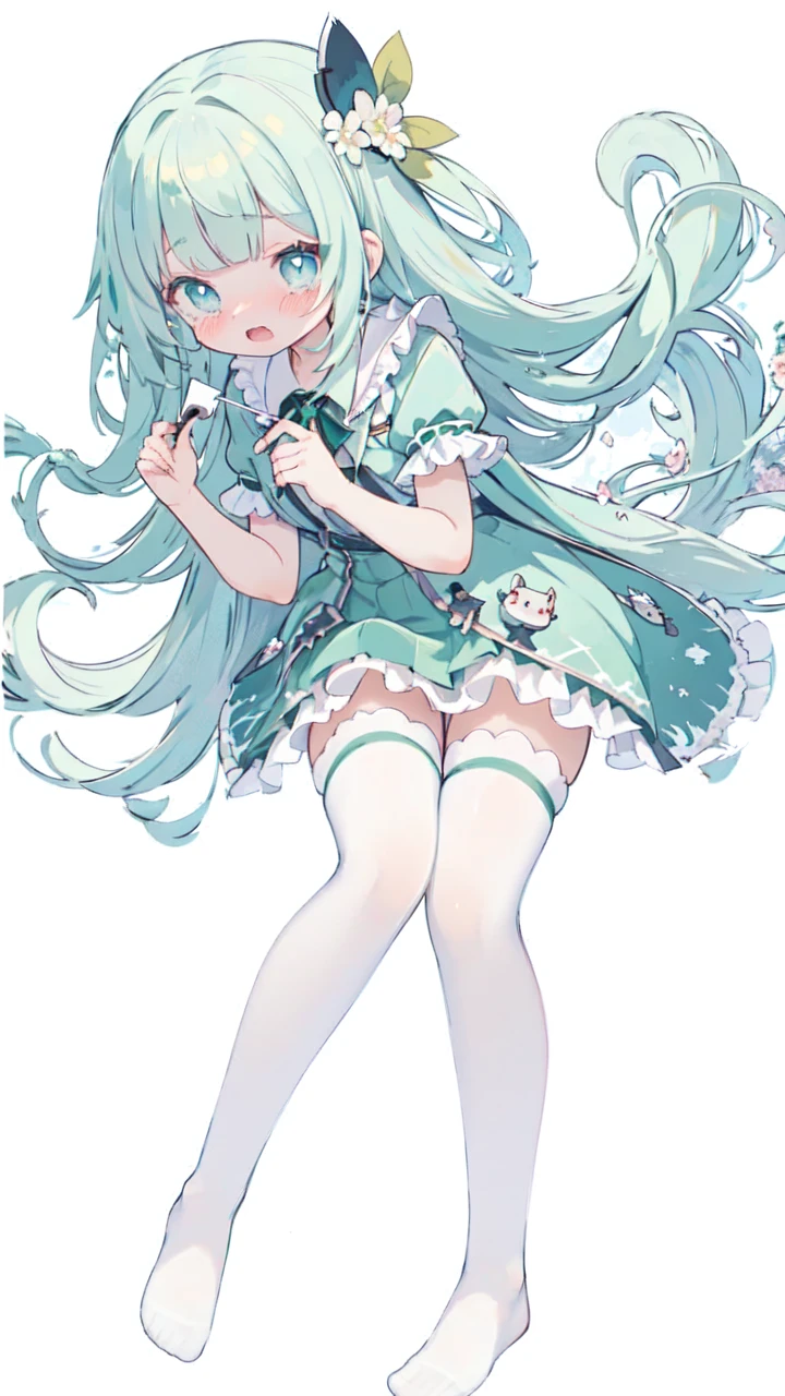 idol, yuri, beautiful girl,masterpiece,best quality,official art,Extremely detailed CG unified 8K wallpaper, A girl with light green ink hair color,Green dress,mini skirt,Her green mini skirt was blown up by the wind,shy,Awkward,The wind blows to the front,Looking shyly at the audience 1.3),((Wearing white stockings 1.3)),No shoes,Press the skirt in front with your hands 1.3)Skirt flying