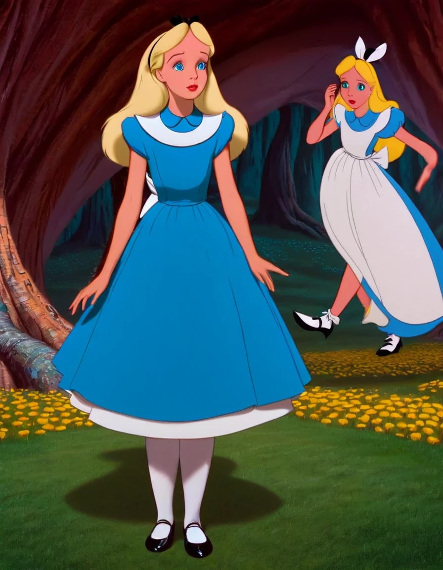 wxaliwonlan,1 girl, alone, long hair, blue eyes, blonde hair, dress, (standing in front of a giant woman:1.1), Alice (Alice in Wonderland), Disney cartoon, masterpiece, best quality, (intricate details), highly detailed eyes, unique pose, dynamic pose, 35mm, anamorphic, lightroom, cinematography, film grain, HDR10, 8k hdr, ((cinematic)), RAW, portra 400 film with color grading, color remarkable, ray tracing, subsurface scattering, hyperrealistic, extreme skin details, skin pores, deep shadows, contrast.