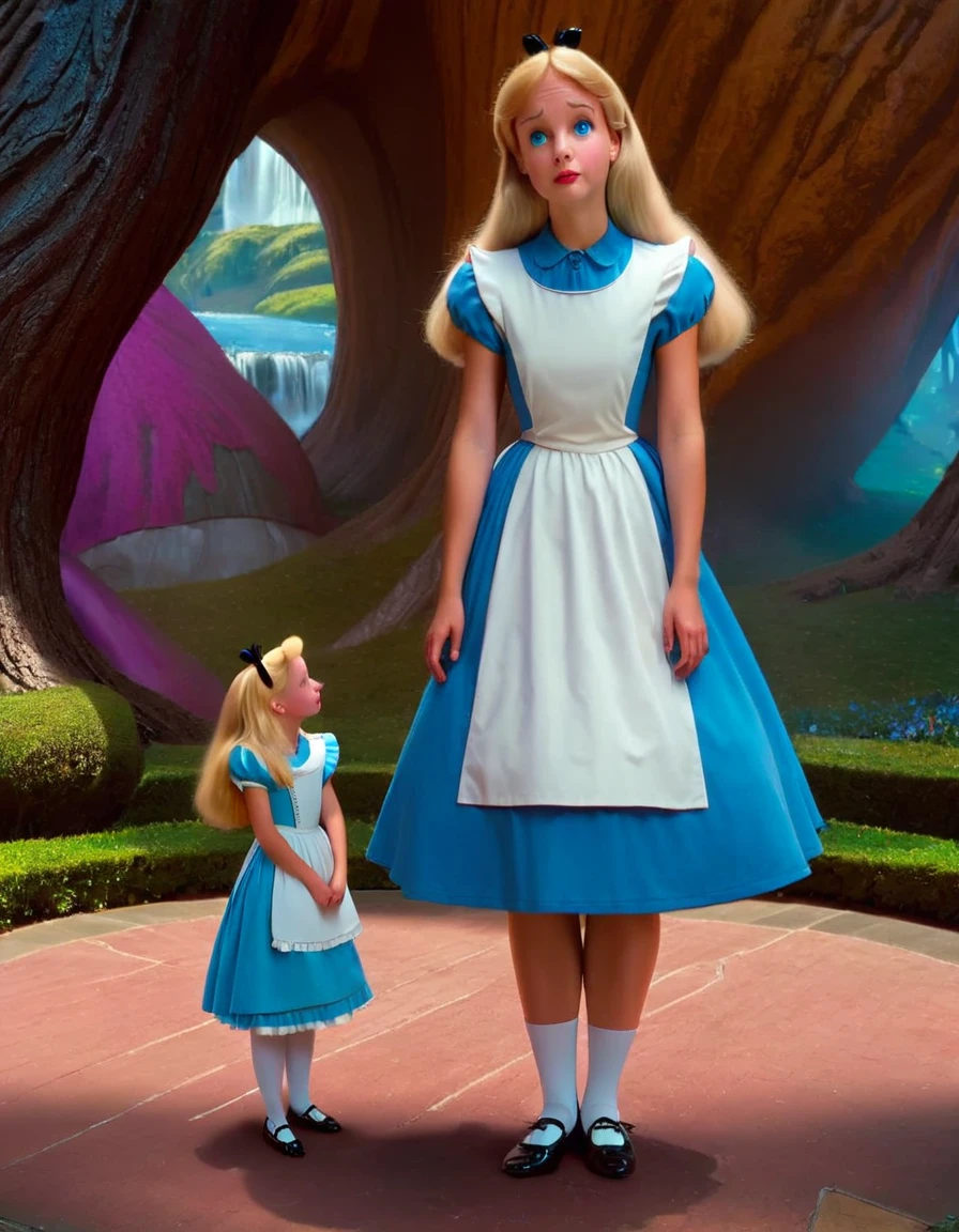 wxaliwonlan,1 girl, alone, long hair, blue eyes, blonde hair, dress, (standing in front of a giant woman:1.1), Alice (Alice in Wonderland), Disney cartoon, masterpiece, best quality, (intricate details), highly detailed eyes, unique pose, dynamic pose, 35mm, anamorphic, lightroom, cinematography, film grain, HDR10, 8k hdr, ((cinematic)), RAW, portra 400 film with color grading, color remarkable, ray tracing, subsurface scattering, hyperrealistic, extreme skin details, skin pores, deep shadows, contrast.