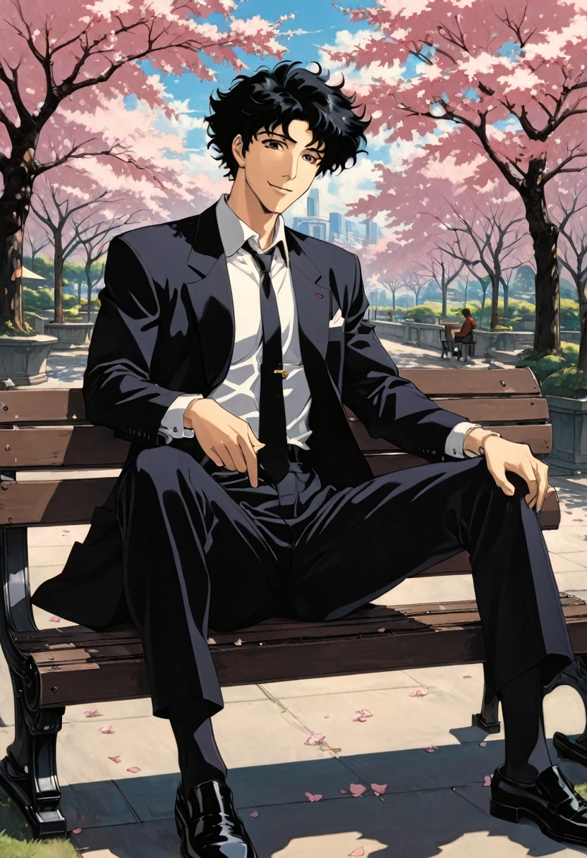 Cherry blossom park,A man sitting on a bench, Black Suit,A loose black tie,Black eyes, smile, Black Hair, 1990s style, (masterpiece, Highest quality, Professional, Perfect composition, so beautiful, Absurd, Very detailed, Intricate details:1.3),cowboybebop,Spike Spiegel