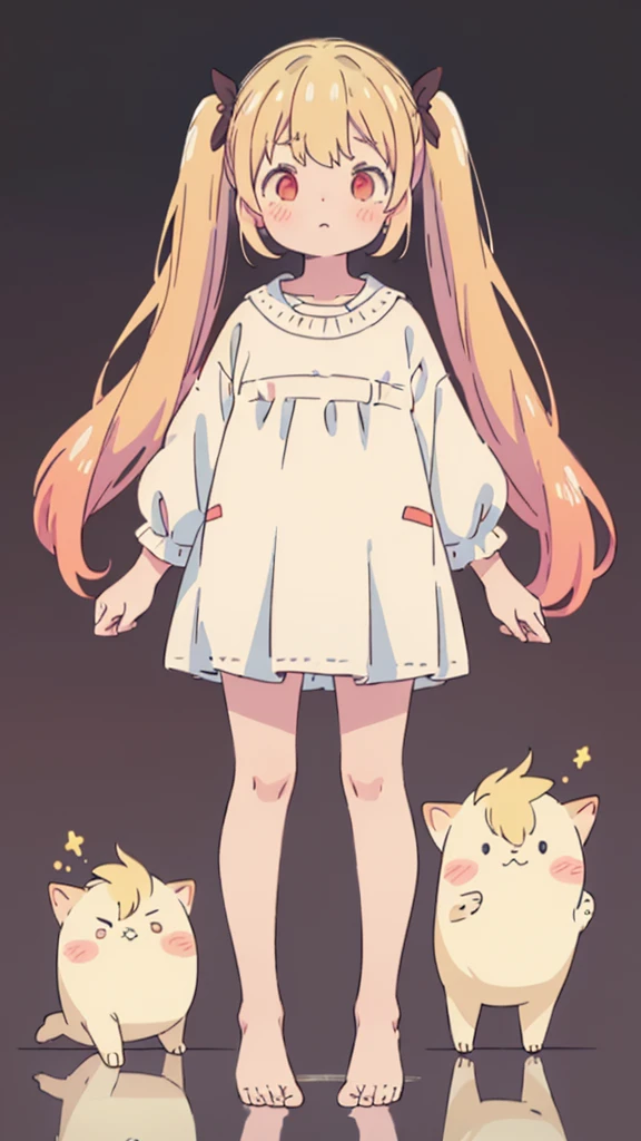 ((masterpiece))((Highest quality))girl、Confused eyes、blush、Flat Chest、Are thin、Blonde Hair、blush、Are standing、Whole body image、Eye level on face、、No background、Hair is two colors、Twin tails、Red Eyes、Two-tone red and yellow hair、Whole body image、Reflected to the toes