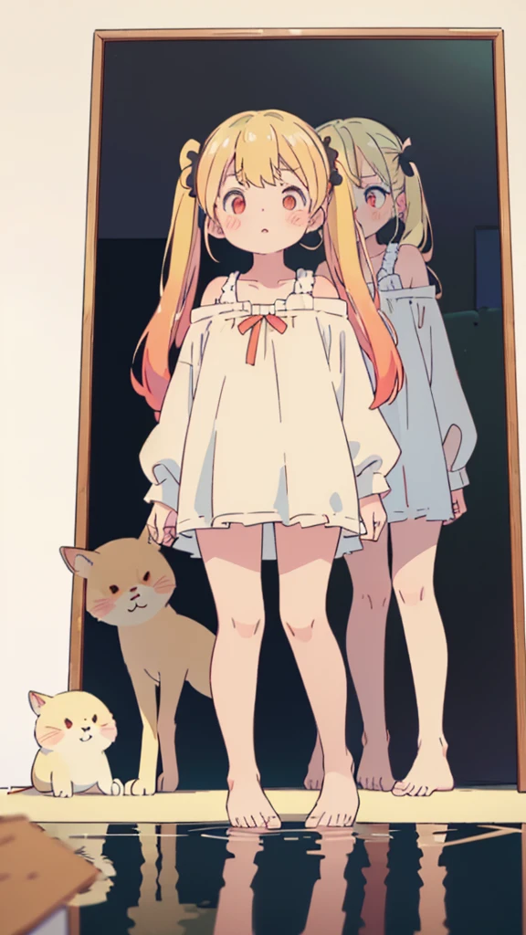 ((masterpiece))((Highest quality))girl、Confused eyes、blush、Flat Chest、Are thin、Blonde Hair、blush、Are standing、Whole body image、Eye level on face、、No background、Hair is two colors、Twin tails、Red Eyes、Two-tone red and yellow hair、Whole body image、Reflected to the toes