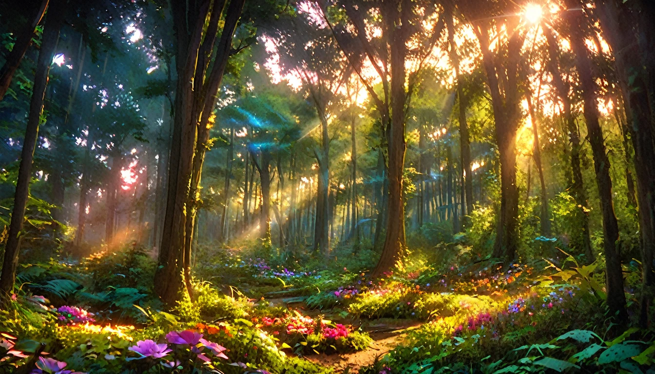 Beautiful forest at dawn, Idyllic, magic, majestic, Epic Lighting, Dense foliage, Colorful flowers, Sunlight, Reality, Movie, Warm colors, Dramatic Lighting, Intricate details