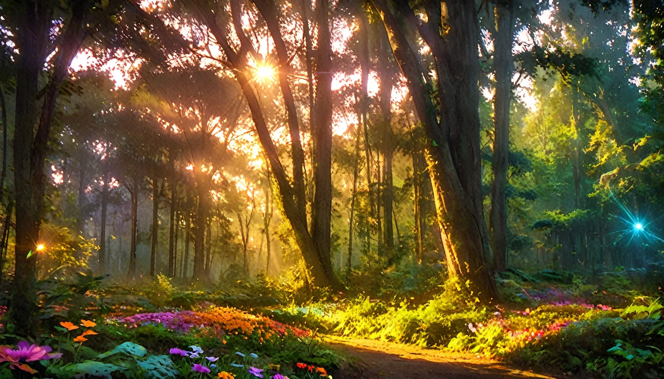 Beautiful forest at dawn, Idyllic, magic, majestic, Epic Lighting, Dense foliage, Colorful flowers, Sunlight, Reality, Movie, Warm colors, Dramatic Lighting, Intricate details