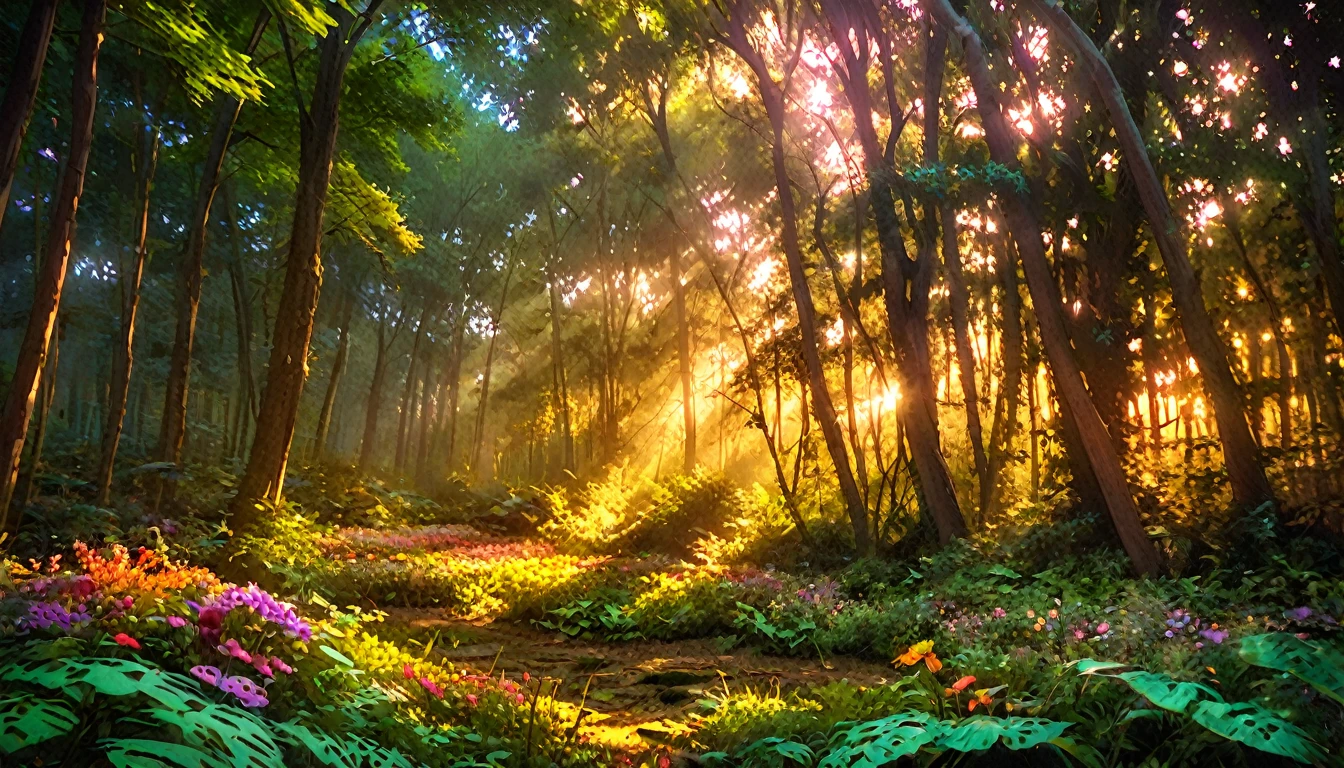 Beautiful forest at dawn, Idyllic, magic, majestic, Epic Lighting, Dense foliage, Colorful flowers, Sunlight, Reality, Movie, Warm colors, Dramatic Lighting, Intricate details