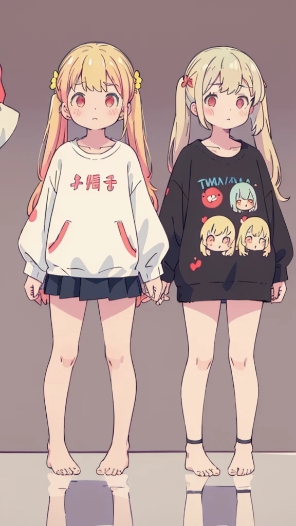 ((masterpiece))((Highest quality))girl、Confused eyes、blush、Flat Chest、Are thin、Blonde Hair、blush、Are standing、Whole body image、Eye level on face、、No background、Hair is two colors、Twin tails、Red Eyes、Two-tone red and yellow hair、Whole body image、Reflected to the toes