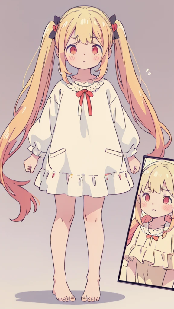 ((masterpiece))((Highest quality))girl、Confused eyes、blush、Flat Chest、Are thin、Blonde Hair、blush、Are standing、Whole body image、Eye level on face、、No background、Hair is two colors、Twin tails、Red Eyes、Two-tone red and yellow hair、Whole body image、Reflected to the toes