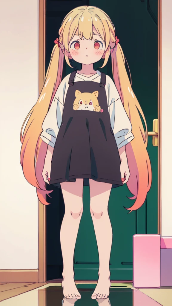 ((masterpiece))((Highest quality))girl、Confused eyes、blush、Flat Chest、Are thin、Blonde Hair、blush、Are standing、Whole body image、Eye level on face、、No background、Hair is two colors、Twin tails、Red Eyes、Two-tone red and yellow hair、Whole body image、Reflected to the toes