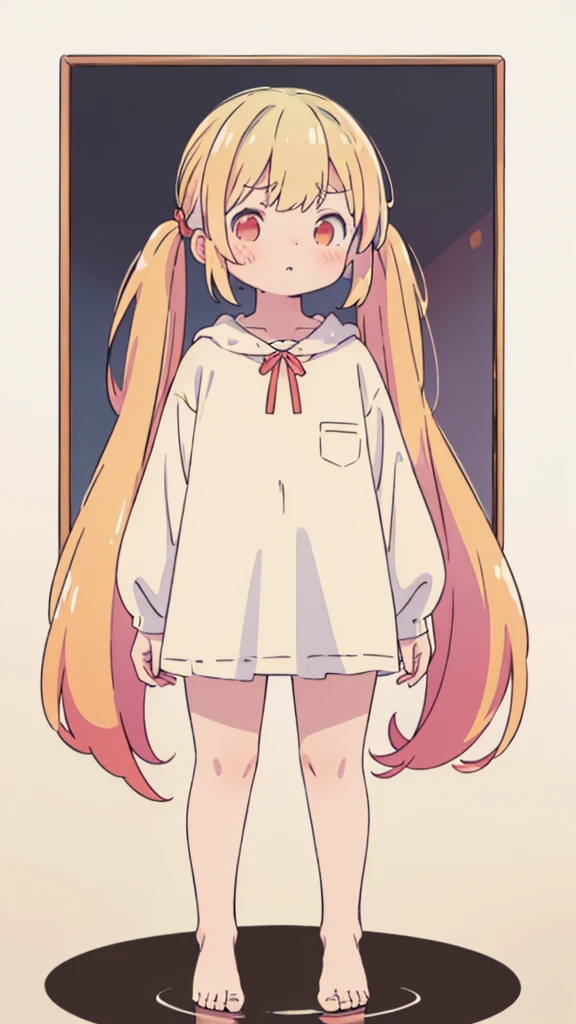 ((masterpiece))((Highest quality))girl、Confused eyes、blush、Flat Chest、Are thin、Blonde Hair、blush、Are standing、Whole body image、Eye level on face、、No background、Hair is two colors、Twin tails、Red Eyes、Two-tone red and yellow hair、Whole body image、Reflected to the toes