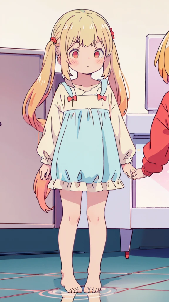 ((masterpiece))((Highest quality))girl、Confused eyes、blush、Flat Chest、Are thin、Blonde Hair、blush、Are standing、Whole body image、Eye level on face、、No background、Hair is two colors、Twin tails、Red Eyes、Two-tone red and yellow hair、Whole body image、Reflected to the toes