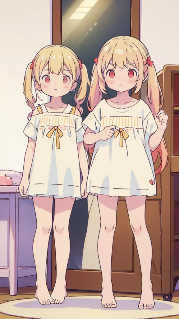((masterpiece))((Highest quality))girl、Confused eyes、blush、Flat Chest、Are thin、Blonde Hair、blush、Are standing、Whole body image、Eye level on face、、No background、Hair is two colors、Twin tails、Red Eyes、Two-tone red and yellow hair、Whole body image、Reflected to the toes