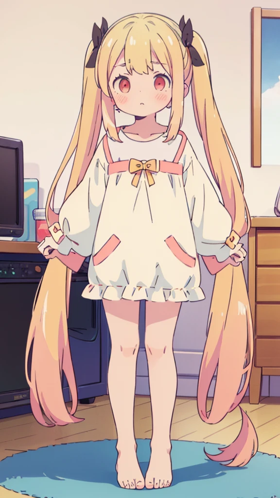 ((masterpiece))((Highest quality))girl、Confused eyes、blush、Flat Chest、Are thin、Blonde Hair、blush、Are standing、Whole body image、Eye level on face、、No background、Hair is two colors、Twin tails、Red Eyes、Two-tone red and yellow hair、Whole body image、Reflected to the toes