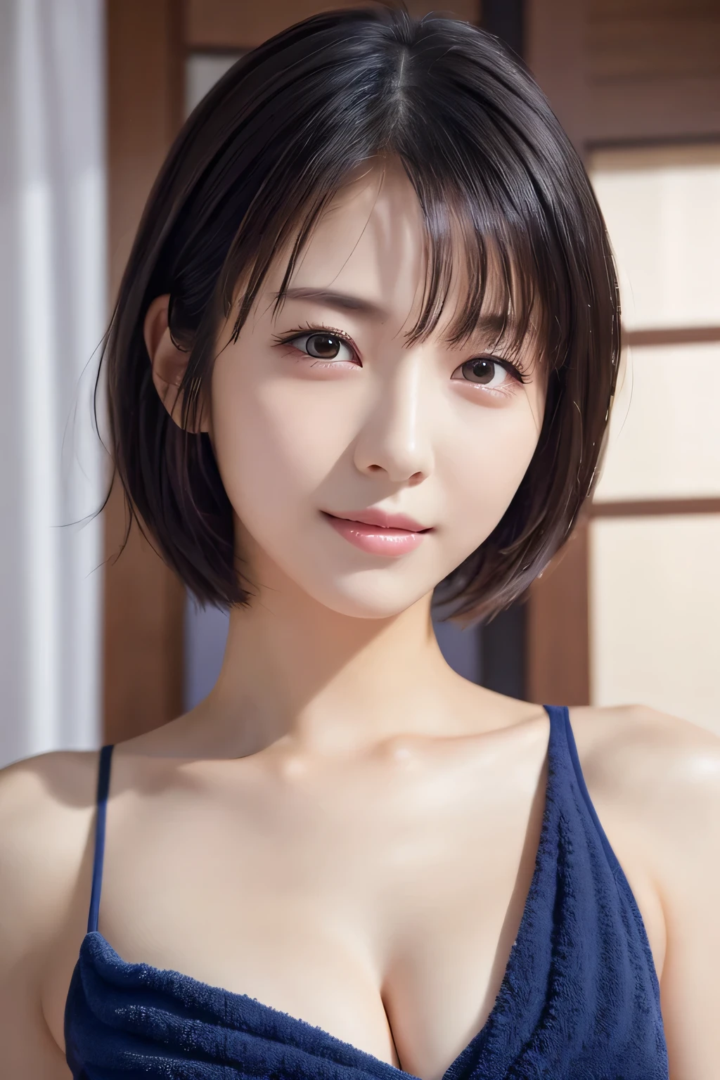 Beautiful girl with a towel wrapped around her body, (Highest quality:1.4), (Very detailed), (Very detailed美しい顔), (Realistic skin:1.3), Great face and eyes, iris, Bob Hair, Black Hair, smile, (Skinny body type:1.2), (Flat Chest:1.3), (Close-up of face:1.3), (Towel Dress:1.3), (from the front:1.2), Bedroom, Smooth, Very detailed CG synthesis 8k wallpaper, High-resolution RAW color photos, Professional photography, Light, BackLight, dream-like, impressive, Written boundary depth