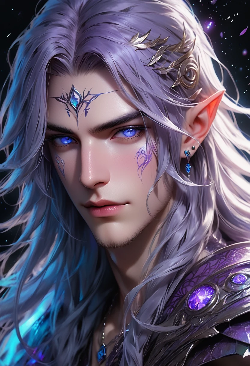ethereal demonic 25 year old anime guy male druid, with metallic foil print deep purple long hair, delicate masterpieceintimate delicate etched glowing rune tattoos, winking, beautiful gorgeous elf ((male)) kissyface, perfect face, blue/black pastel eyes, long white wisp hair, freckles, piercings, foil print neonbody art, laboratory experiment, perfect anatomy, centered, almost perfect, dynamic, very detailed, glowing, artstation, concept art, soft and sharp focus, art by Carne Griffiths and Wadim Kashin, high-definition accent lighting, epic, elven atmosphere, contrasted with vibrant paint colors., futuristic cyborg in the year 2950,