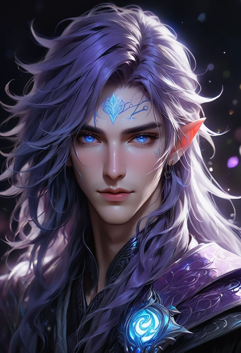 ethereal demonic 25 year old anime guy male druid, with metallic foil print deep purple long hair, delicate masterpieceintimate delicate etched glowing rune tattoos, winking, beautiful gorgeous elf ((male)) kissyface, perfect face, blue/black pastel eyes, long white wisp hair, freckles, piercings, foil print neonbody art, laboratory experiment, perfect anatomy, centered, almost perfect, dynamic, very detailed, glowing, artstation, concept art, soft and sharp focus, art by Carne Griffiths and Wadim Kashin, high-definition accent lighting, epic, elven atmosphere, contrasted with vibrant paint colors., futuristic cyborg in the year 2950,