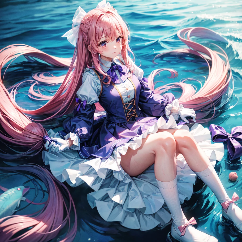 1 girl, peach ribbon-tied long hair, wearing fish design purple dress with huge bluish ribbon on chest, white gloves, white long socks, blue shoes, falling under the ocean, high res, ultrasharp, 8k, masterpiece