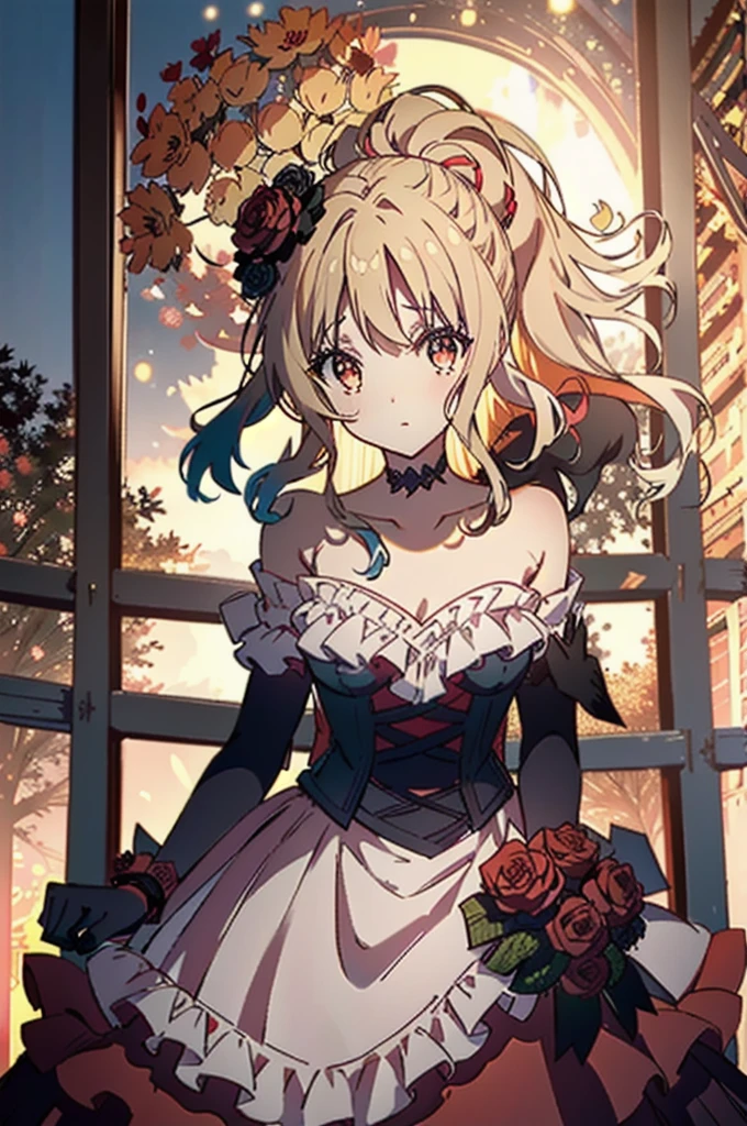 (masterpiece, best quality)
YuiDiabolikLovers, 1girl, solo, long hair, breasts, looking at viewer, , bangs, blonde hair, red eyes, gloves, dress, ribbon, holding, cleavage, medium breasts, standing, collarbone, ponytail, flower, short sleeves, sidelocks, outdoors, parted lips, choker, elbow gloves, dark gloves, off shoulder, dark dress, red ribbon, strapless, rose, high ponytail, red flower, dark dress, veil, strapless dress, red rose, bouquet, wedding dress, off-shoulder dress, long dress, bridal veil, red choker, ribbon choker, holding bouquet, evil smile 
 