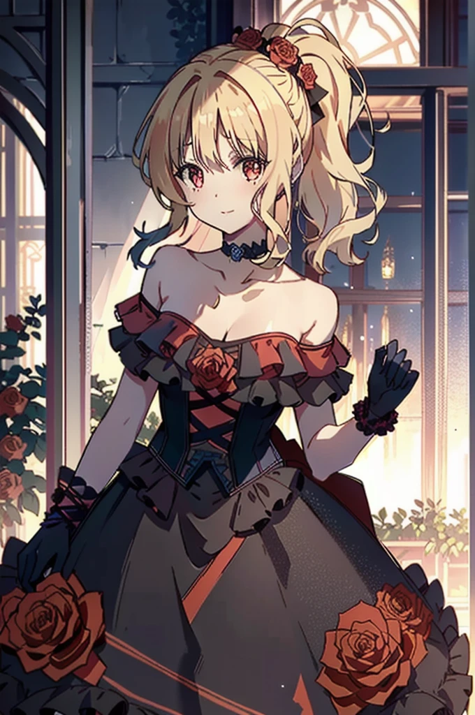 (masterpiece, best quality)
YuiDiabolikLovers, 1girl, solo, long hair, breasts, looking at viewer, , bangs, blonde hair, red eyes, gloves, dress, ribbon, holding, cleavage, medium breasts, standing, collarbone, ponytail, flower, short sleeves, sidelocks, outdoors, parted lips, choker, elbow gloves, dark gloves, off shoulder, dark dress, red ribbon, strapless, rose, high ponytail, red flower, dark dress, veil, strapless dress, red rose, bouquet, wedding dress, off-shoulder dress, long dress, bridal veil, red choker, ribbon choker, holding bouquet, evil smile 
 