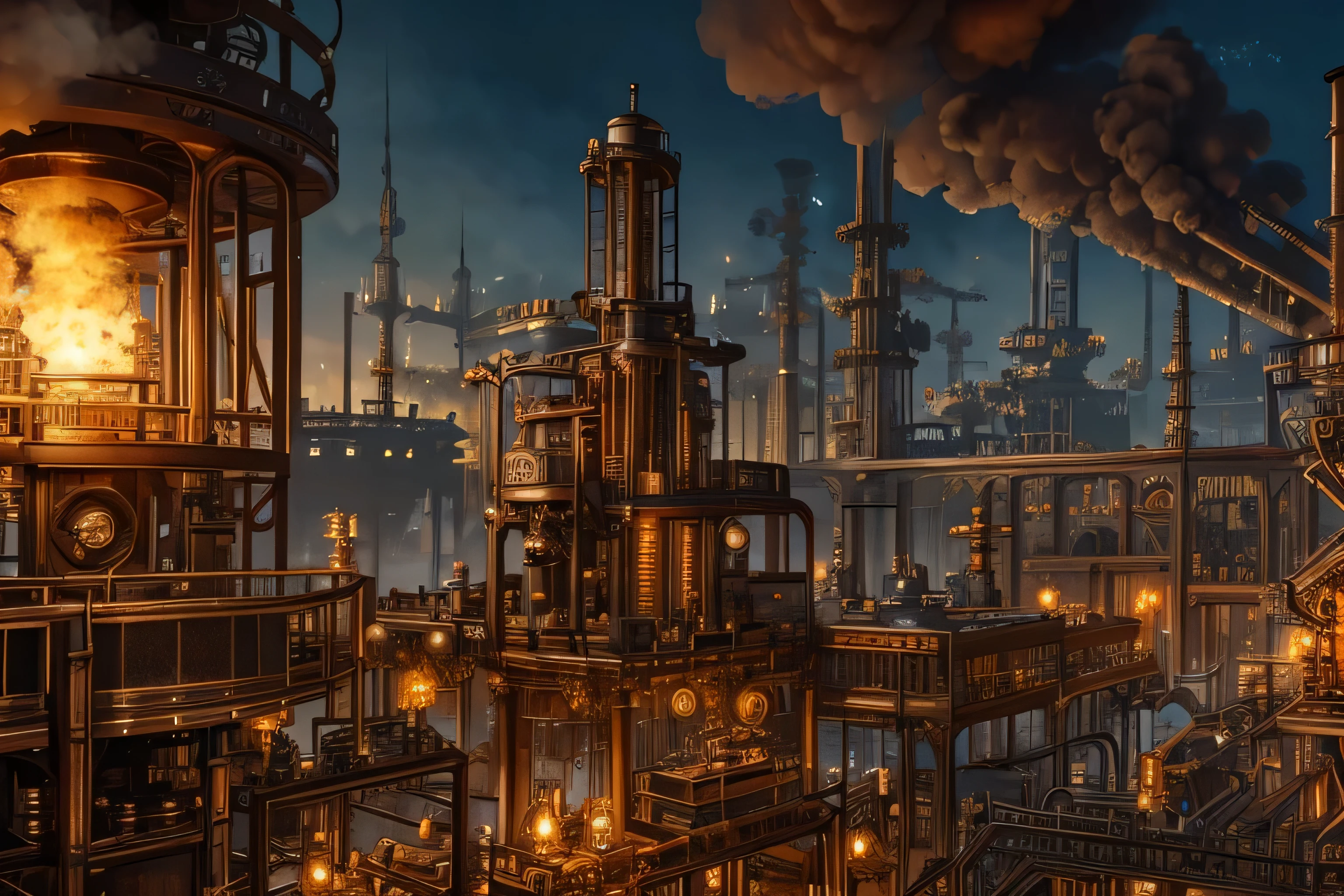 a steam punk city made of metal parts and gears, with steam billowing from pipes, (best quality,8k,sharply focused,masterpiece:1.2),ultra-detailed,realistic,photo-realistic:1.37,intricate machinery,industrial,steampunk,futuristic,cogs,pistons,copper,brass,metallic,glowing lights,dynamic composition,cinematic lighting